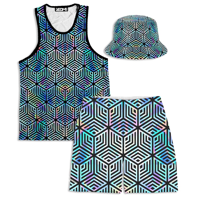 Holographic Hexagon Tank and Shorts with Bucket Hat Combo