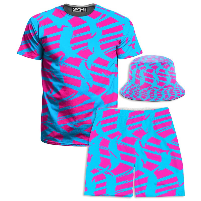 Pink and Blue Squiggly Rave Checkered T-Shirt and Shorts with Bucket Hat Combo