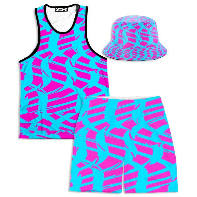 Pink and Blue Squiggly Rave Checkered Tank and Shorts with Bucket Hat Combo