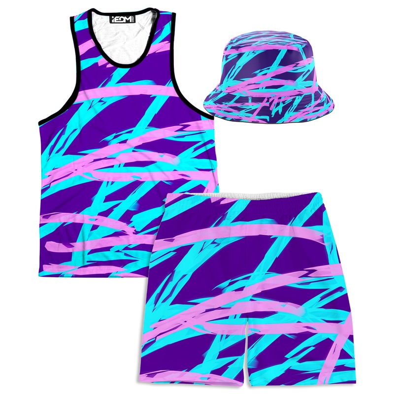 Purple and Blue Rave Abstract Tank and Shorts with Bucket Hat Combo