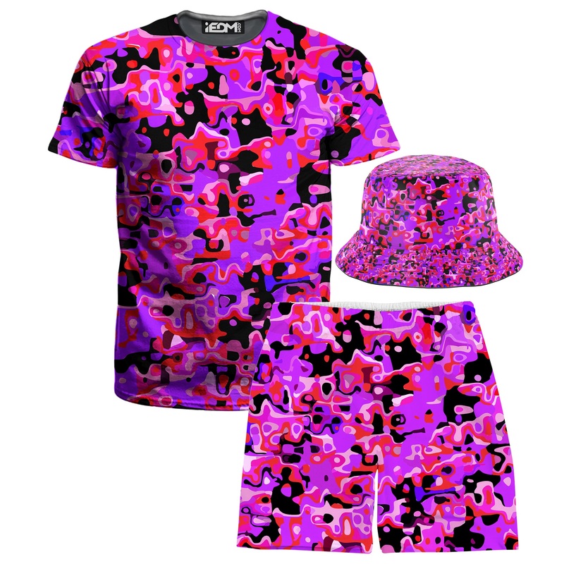 Purple Red and Black Rave Camo Melt T-Shirt and Shorts with Bucket Hat Combo