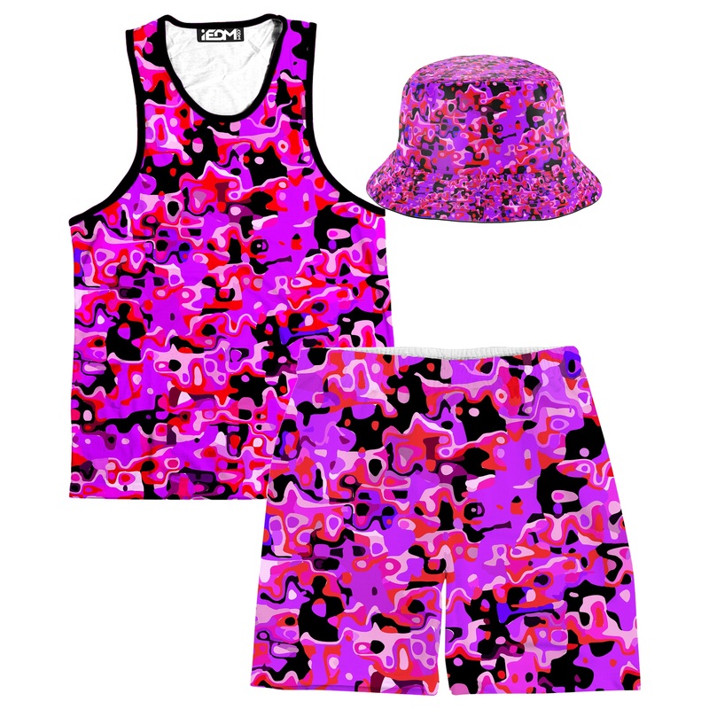 Purple Red and Black Rave Camo Melt Tank and Shorts with Bucket Hat Combo