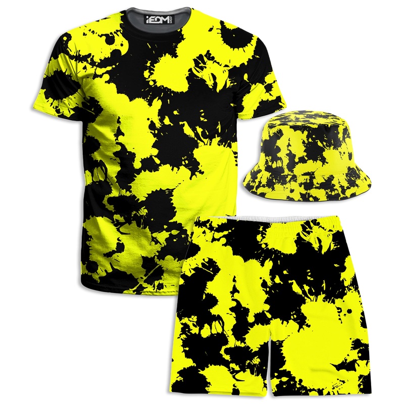 Yellow and Black Paint Splatter T-Shirt and Shorts with Bucket Hat Combo