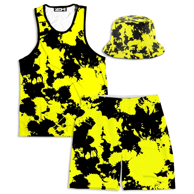 Yellow and Black Paint Splatter Tank and Shorts with Bucket Hat Combo