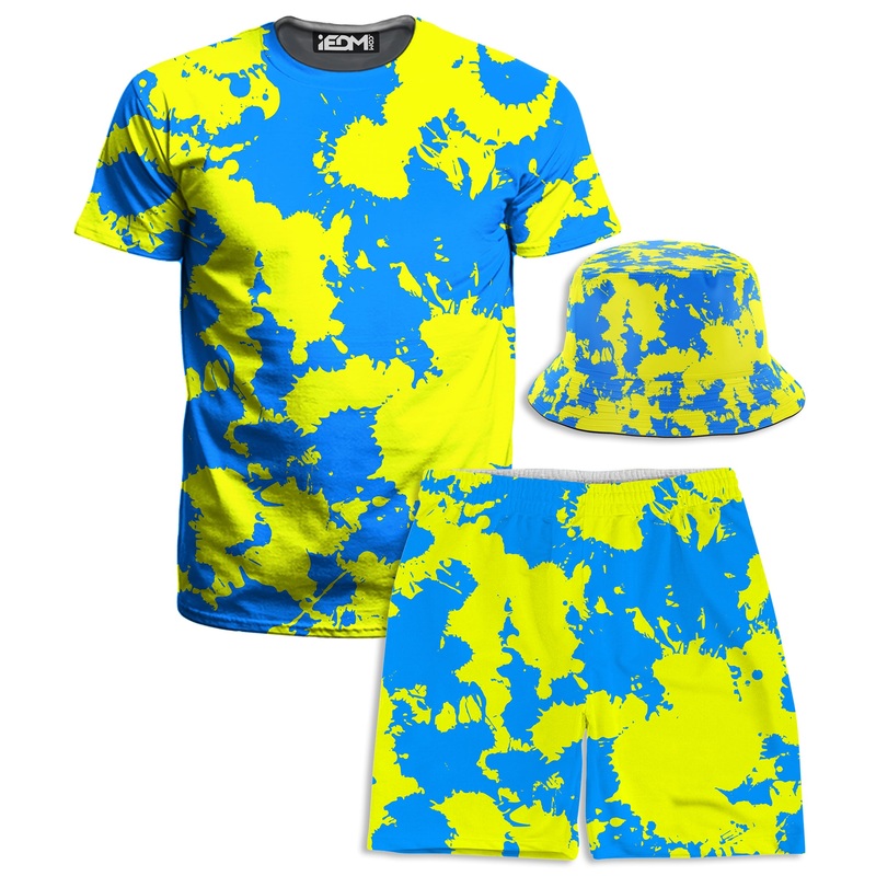 Yellow and Blue Paint Splatter T-Shirt and Shorts with Bucket Hat Combo