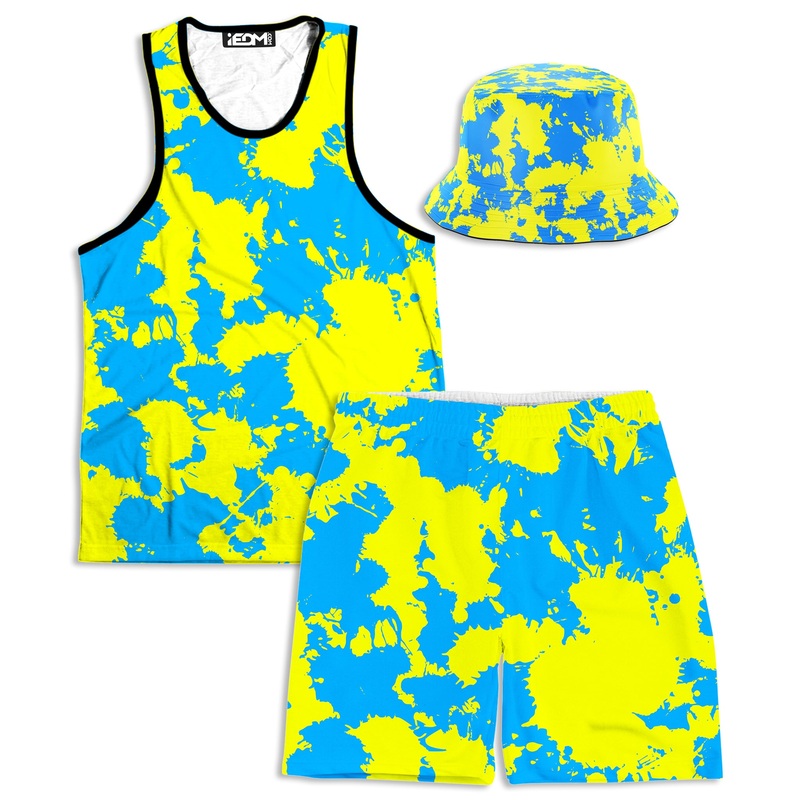 Yellow and Blue Paint Splatter Tank and Shorts with Bucket Hat Combo
