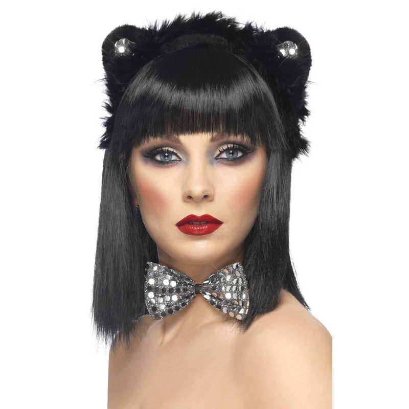 Cute Sequined Black Cat Ears and Bow Tie Accessory Kit