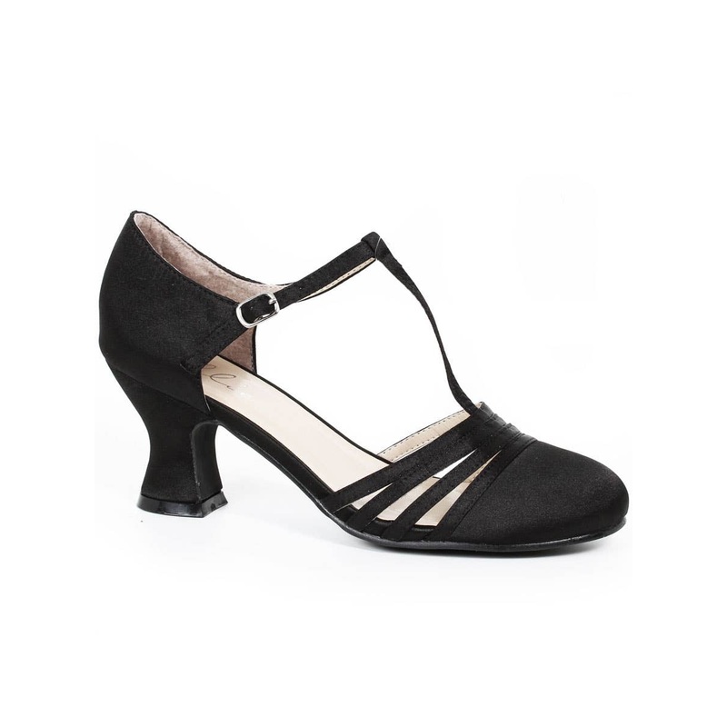 Jazzy Black Satin 1920s Flapper Heeled Costume Shoes