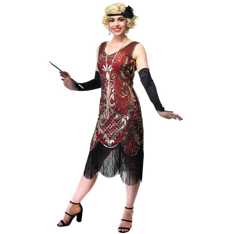 1920s Womens Long Red Flapper Dress with Gold Sequins and Fringing