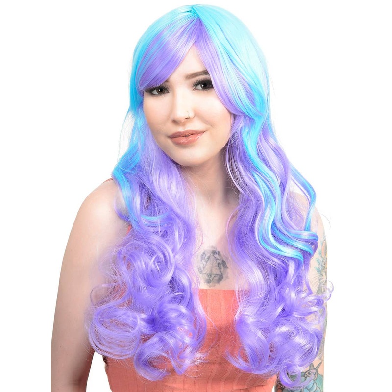 Cara Purple and Blue Long Curly Womens Costume Wig