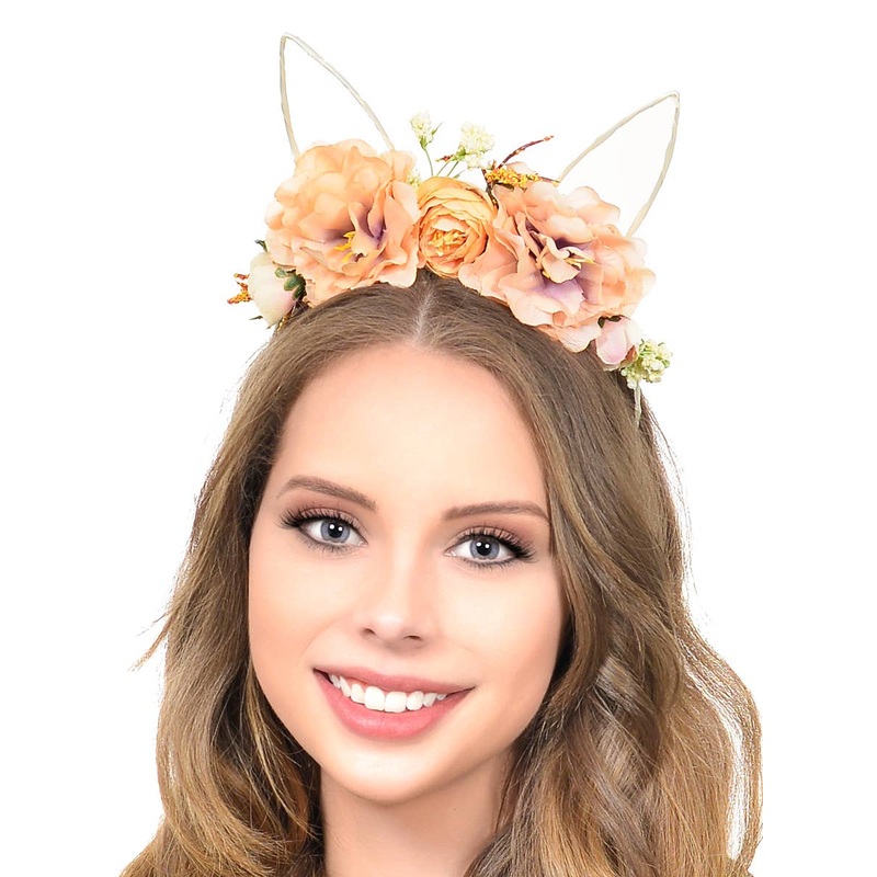 Soft Pastel Orange Floral Headpiece with Wire Bunny Ears