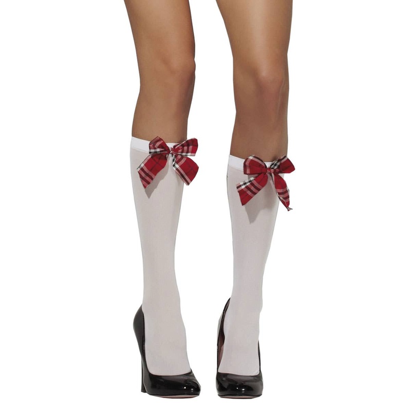 Opaque White Knee High Stockings with Tartan Bows